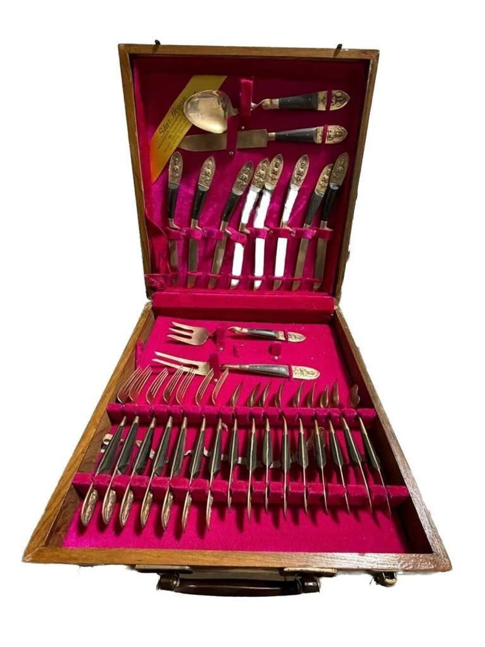 Vintage Starhouse Thailand Mid-Century Bronze and Wood Handle Flatware Set in Wo